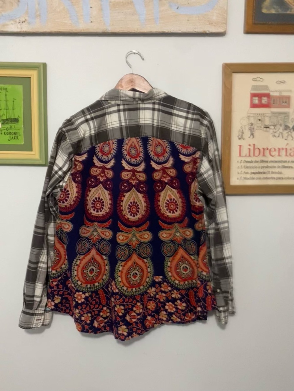 One of a kind, Upcycled Plaid and Paisley Long-Sleeve Shirt - Gray